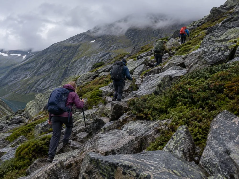The boulder field on the Preikestolen trail, bare granite blocks with no path across them
