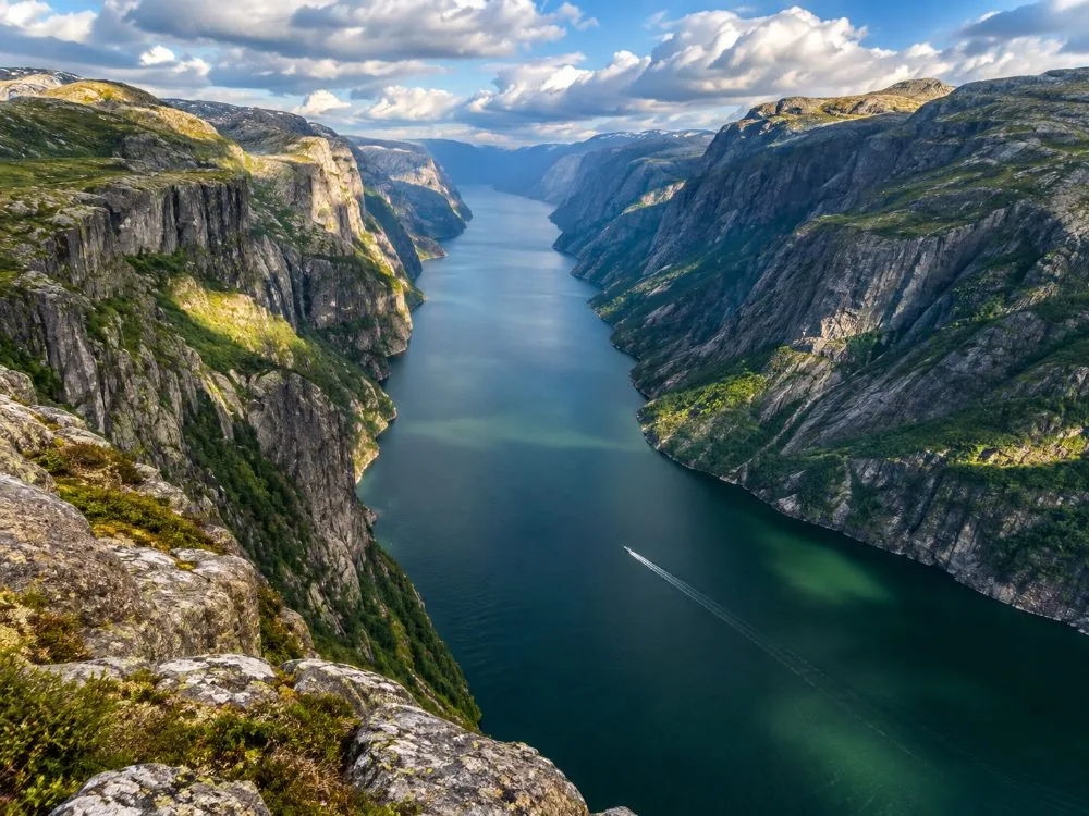 The Lysefjord seen from the trail, with steep rock walls dropping to dark water