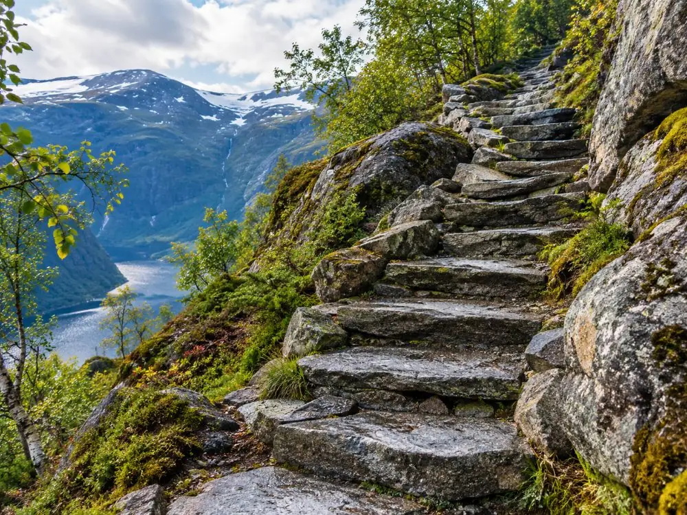 Stone staircases built by Sherpa trail builders on the steep lower section of the Preikestolen path